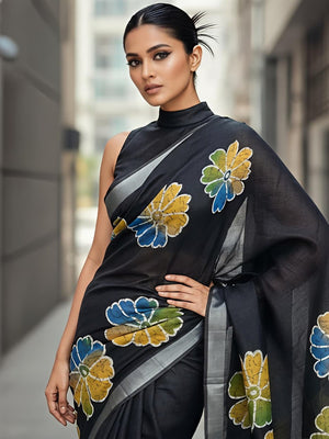 Elegant Black Linen Saree with Floral Batik Print and Silver Border - Image 2