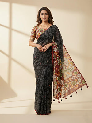 Elegant Black Floral Print Chanderi Silk Saree with Blouse - Image 1
