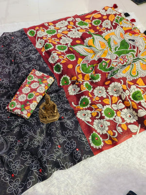 Elegant Black Floral Print Chanderi Silk Saree with Blouse - Image 2