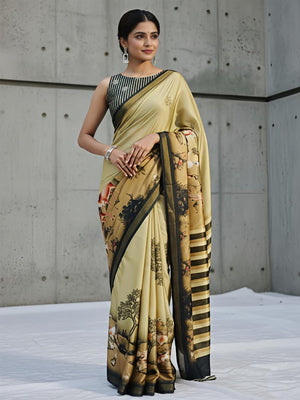 Premium Beige Digital Deer Motif Printed Mulmul Cotton Saree With Delicate Zari Border - Image 1
