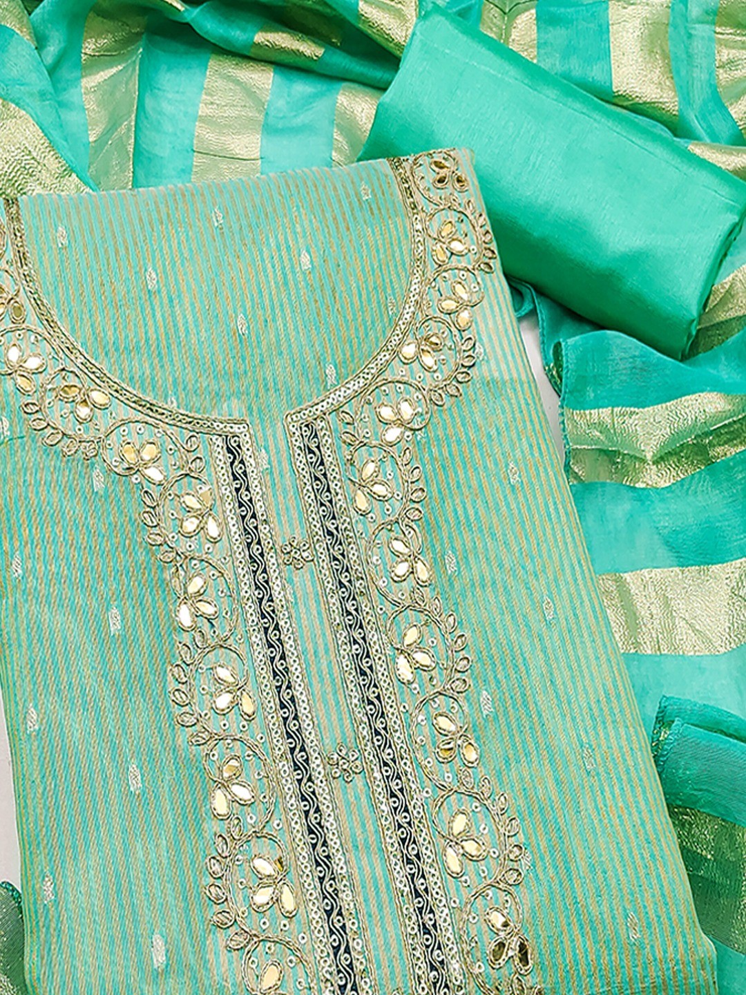 Turquoise Striped Weaving Shimmer Dress Material With Intricate Cording Embroidery & Sequins - Image 4