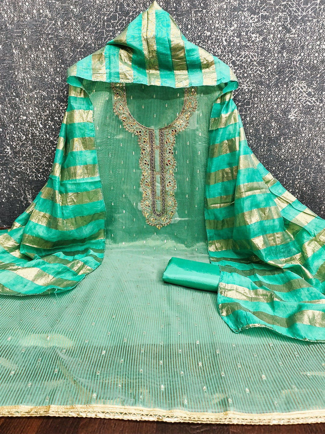 Turquoise Striped Weaving Shimmer Dress Material With Intricate Cording Embroidery & Sequins - Image 2