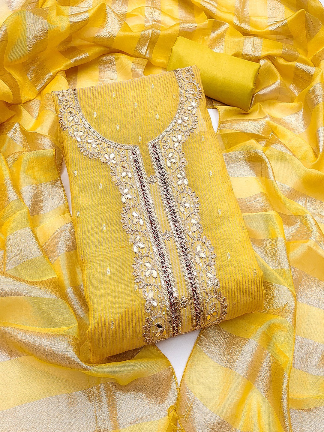 Yellow Striped Weaving Shimmer Dress Material With Intricate Cording Embroidery & Sequins - Image 1