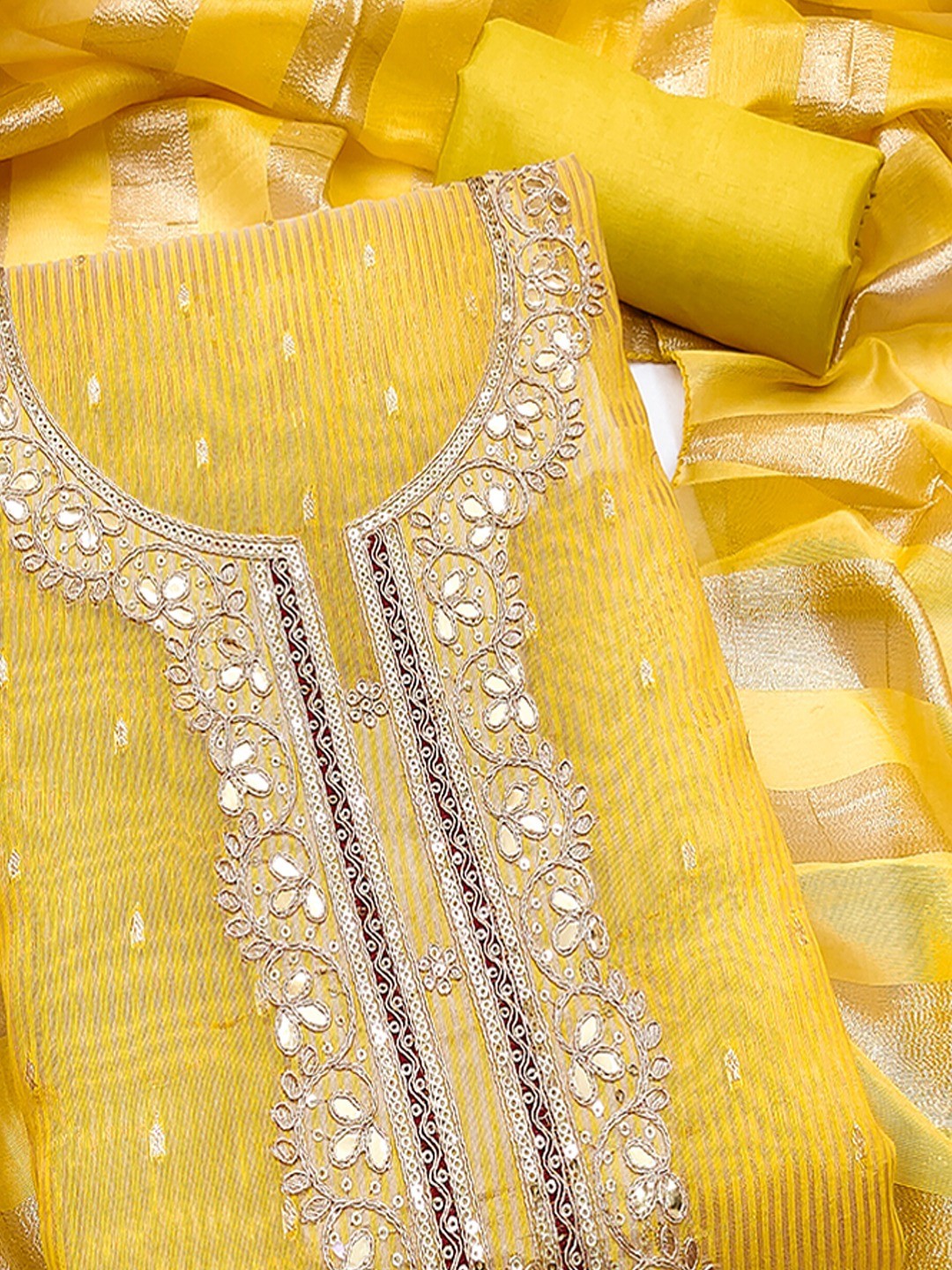 Yellow Striped Weaving Shimmer Dress Material With Intricate Cording Embroidery & Sequins - Image 2