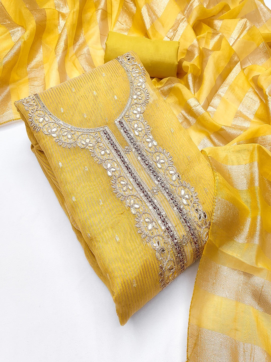 Yellow Striped Weaving Shimmer Dress Material With Intricate Cording Embroidery & Sequins - Image 3