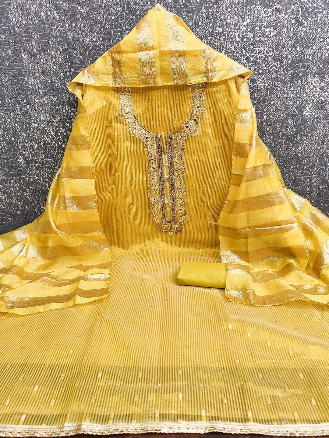 Yellow Striped Weaving Shimmer Dress Material With Intricate Cording Embroidery & Sequins - Image 4