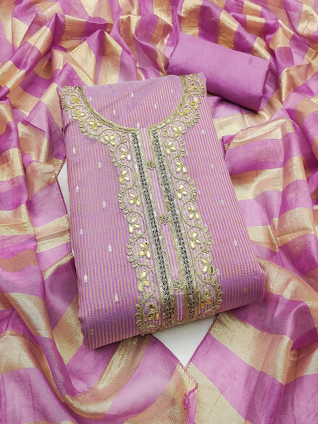 Lavender Striped Weaving Shimmer Dress Material With Intricate Cording Embroidery & Sequins - Image 1