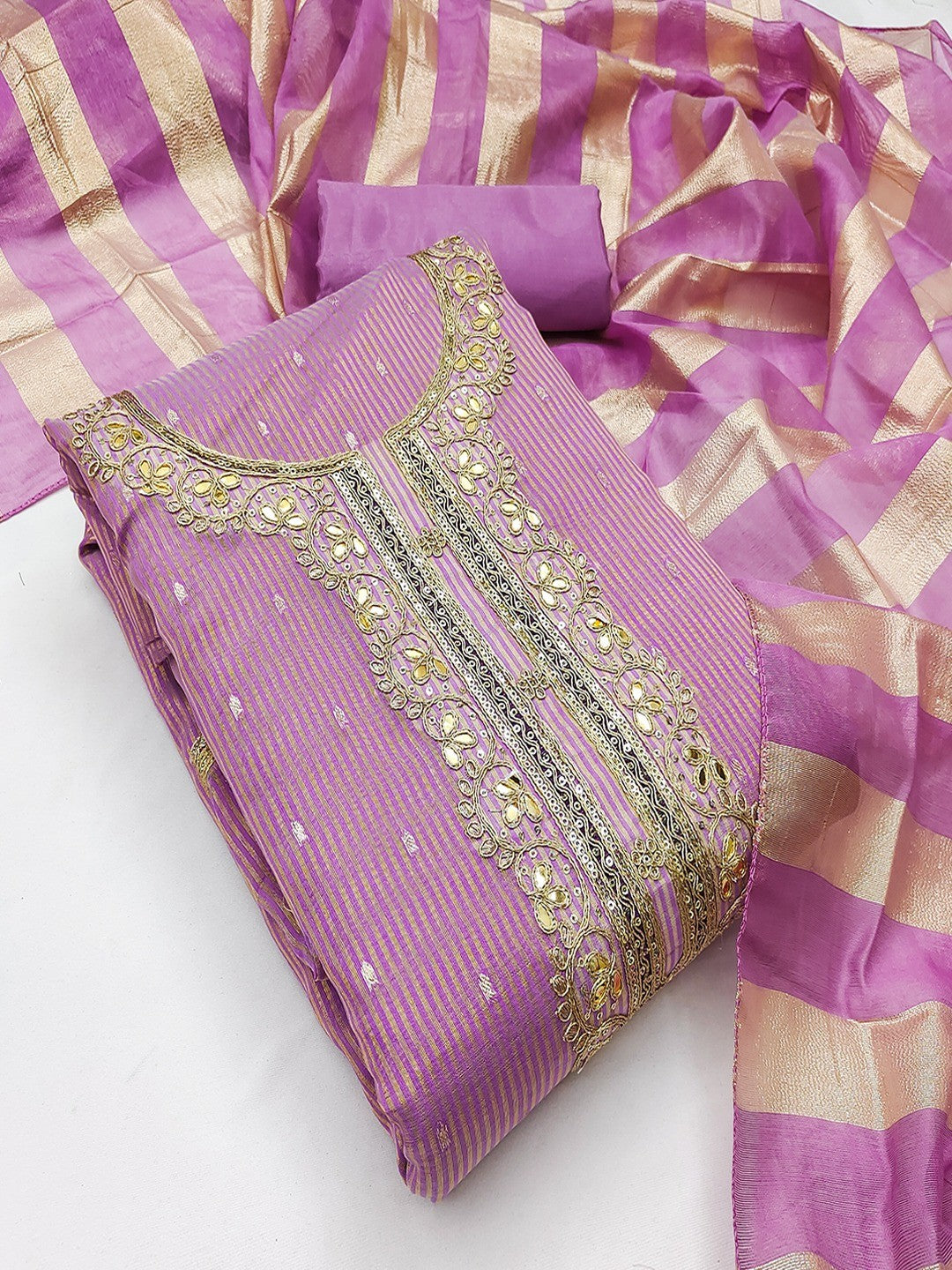 Lavender Striped Weaving Shimmer Dress Material With Intricate Cording Embroidery & Sequins - Image 4