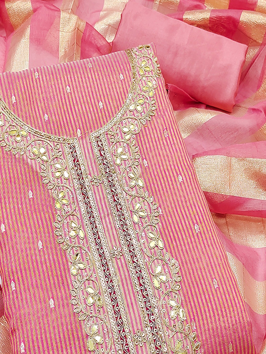 Pink Striped Weaving Shimmer Dress Material With Intricate Cording Embroidery & Sequins - Image 4