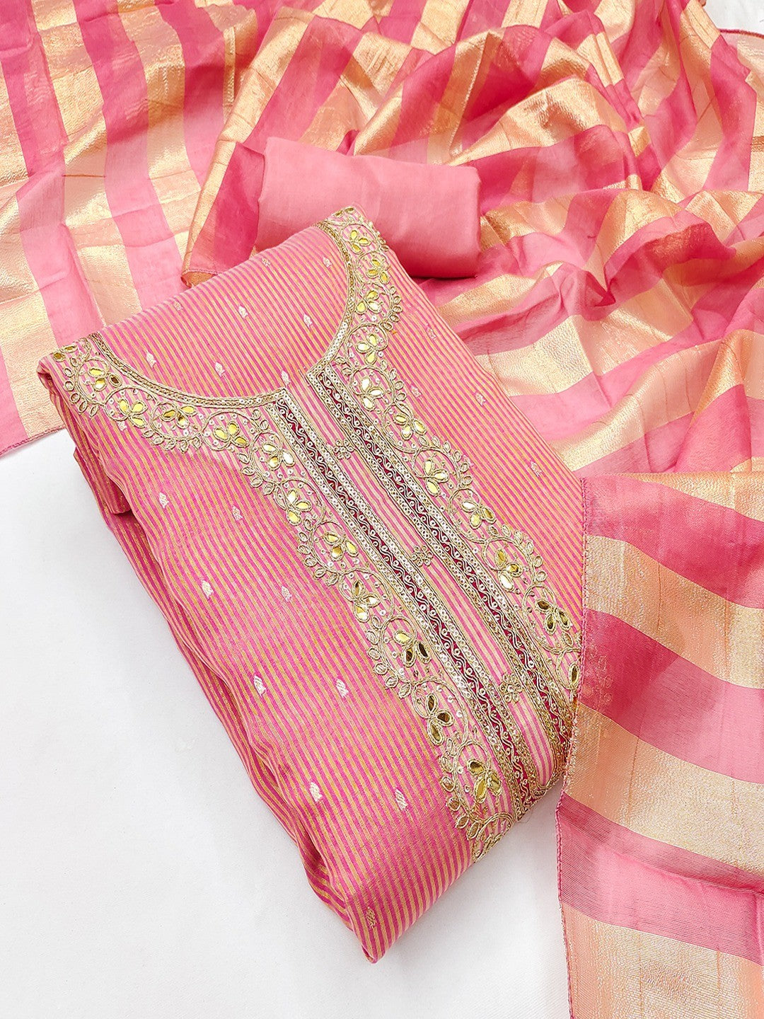 Pink Striped Weaving Shimmer Dress Material With Intricate Cording Embroidery & Sequins - Image 5