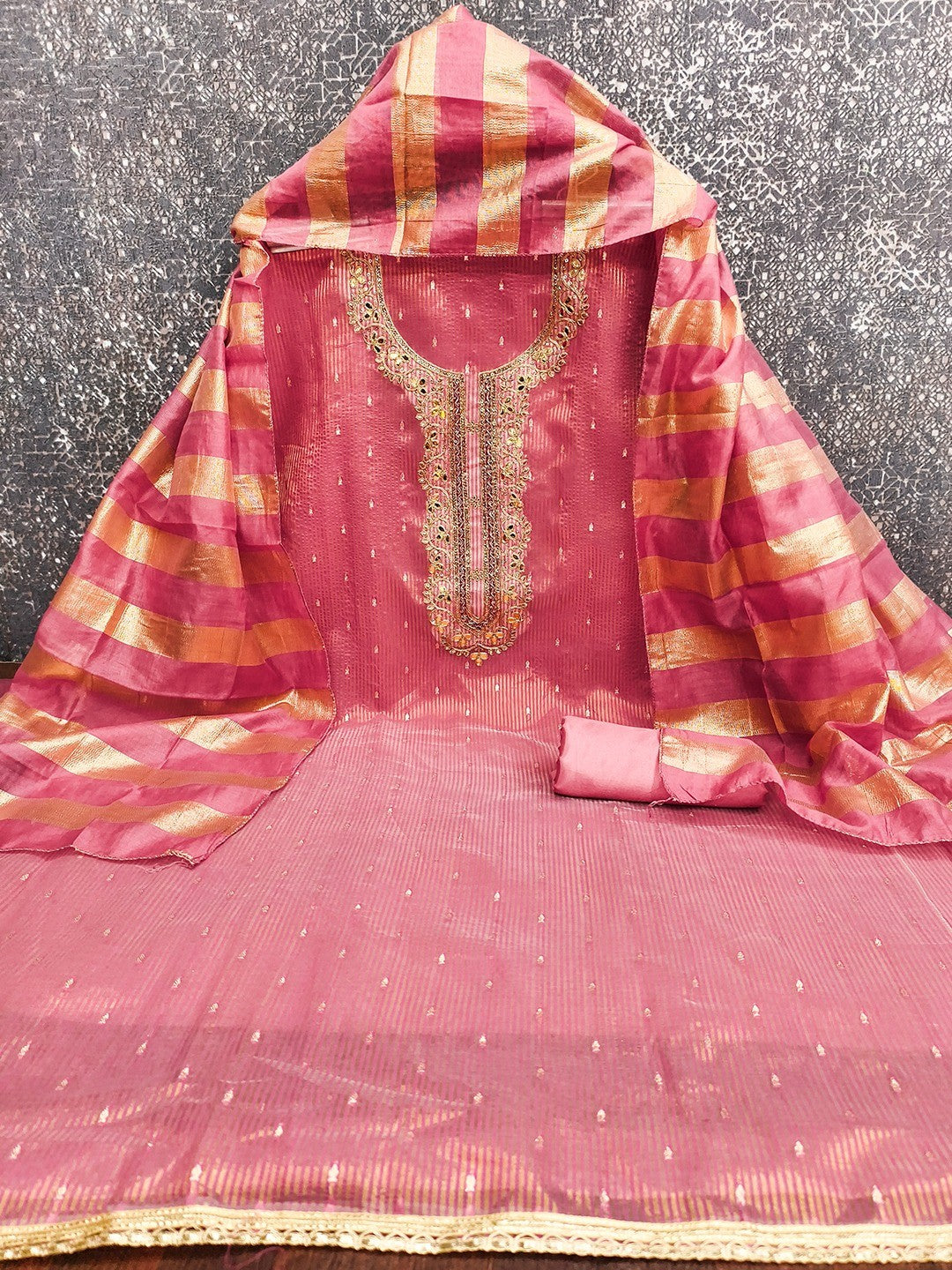 Pink Striped Weaving Shimmer Dress Material With Intricate Cording Embroidery & Sequins - Image 3