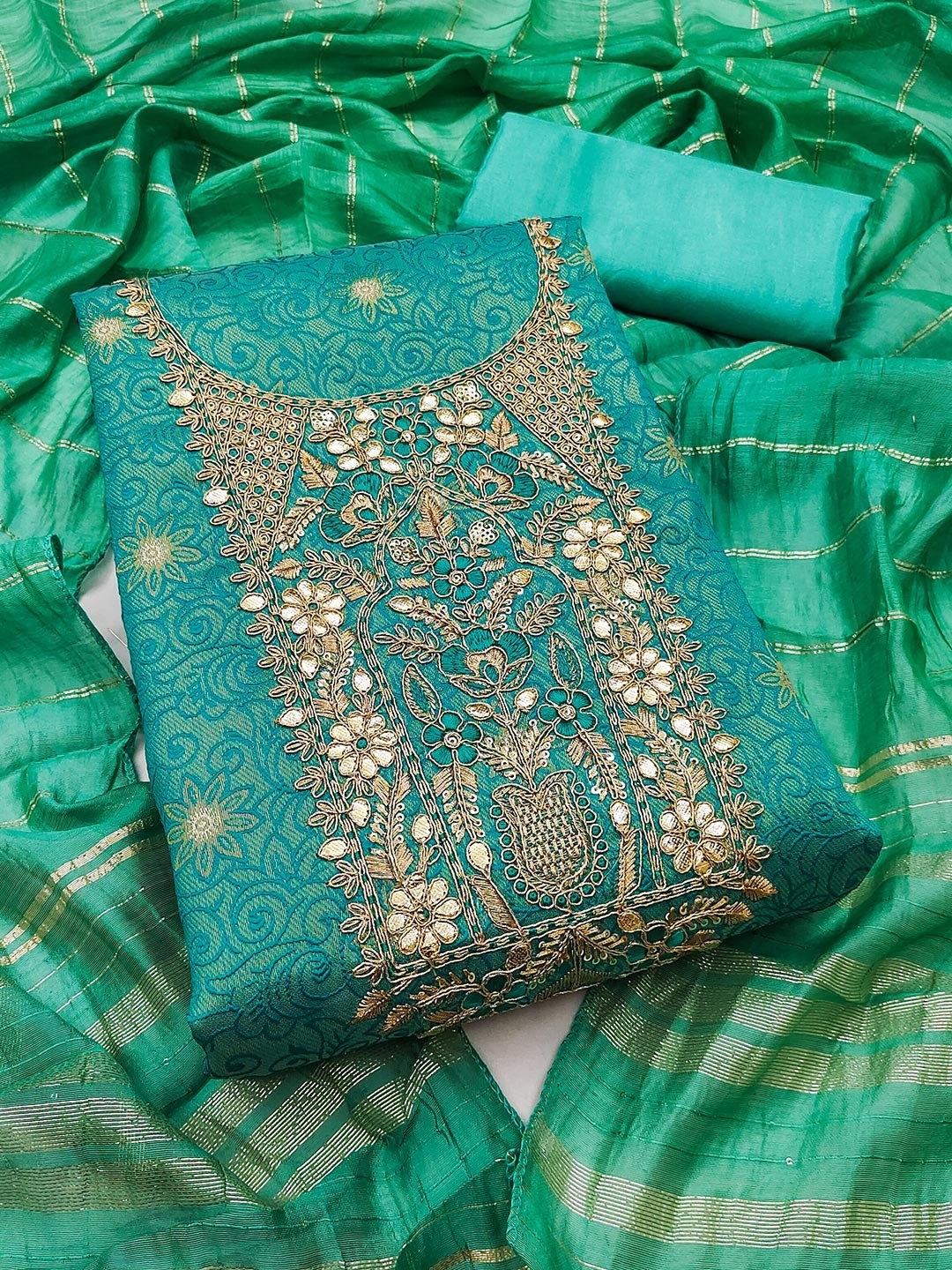 Elite Premium Designer Turquoise Floral Weaving Shimmer Dress Material Featuring Cording Embroidery - Image 1