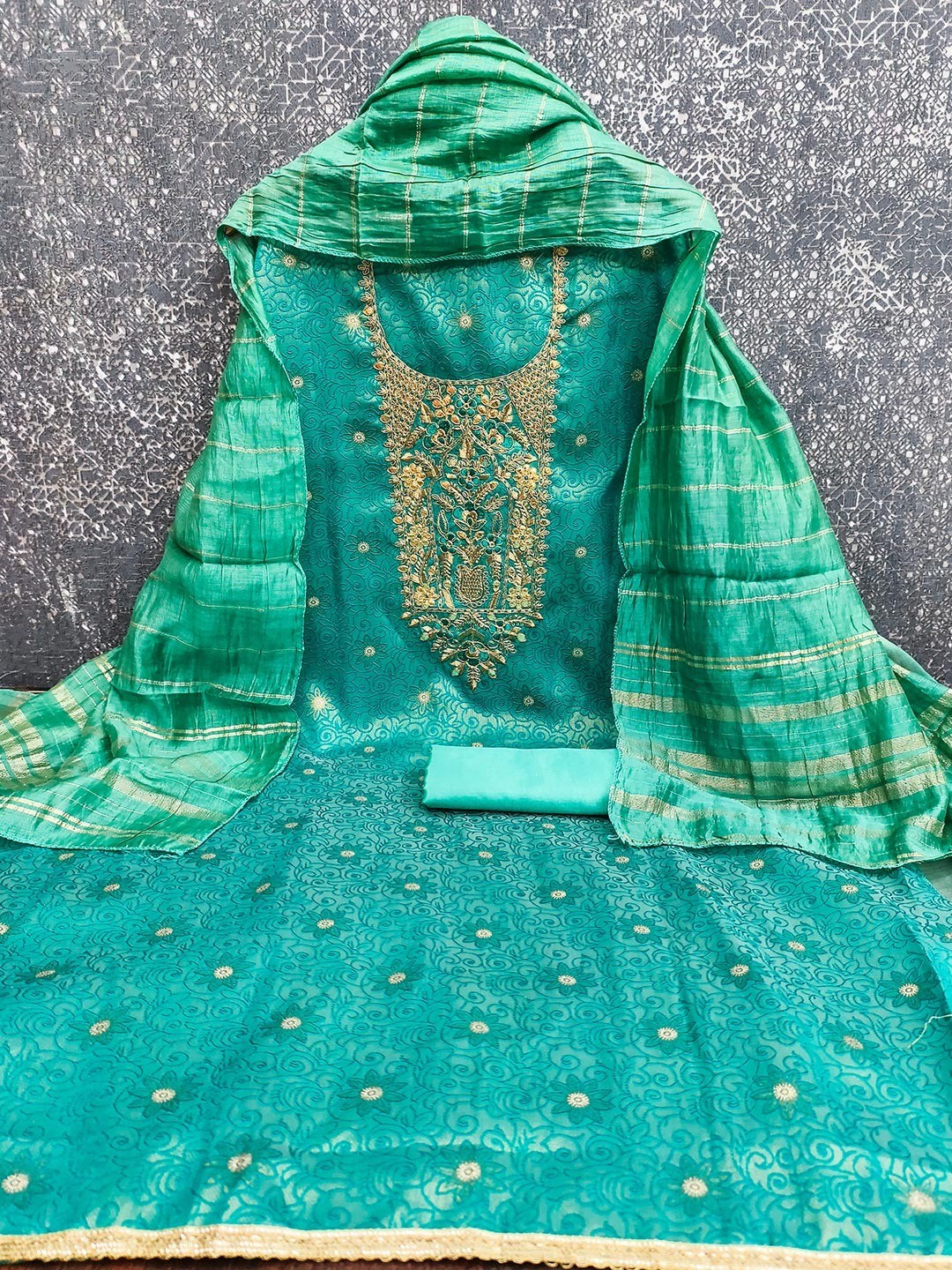 Elite Premium Designer Turquoise Floral Weaving Shimmer Dress Material Featuring Cording Embroidery - Image 3