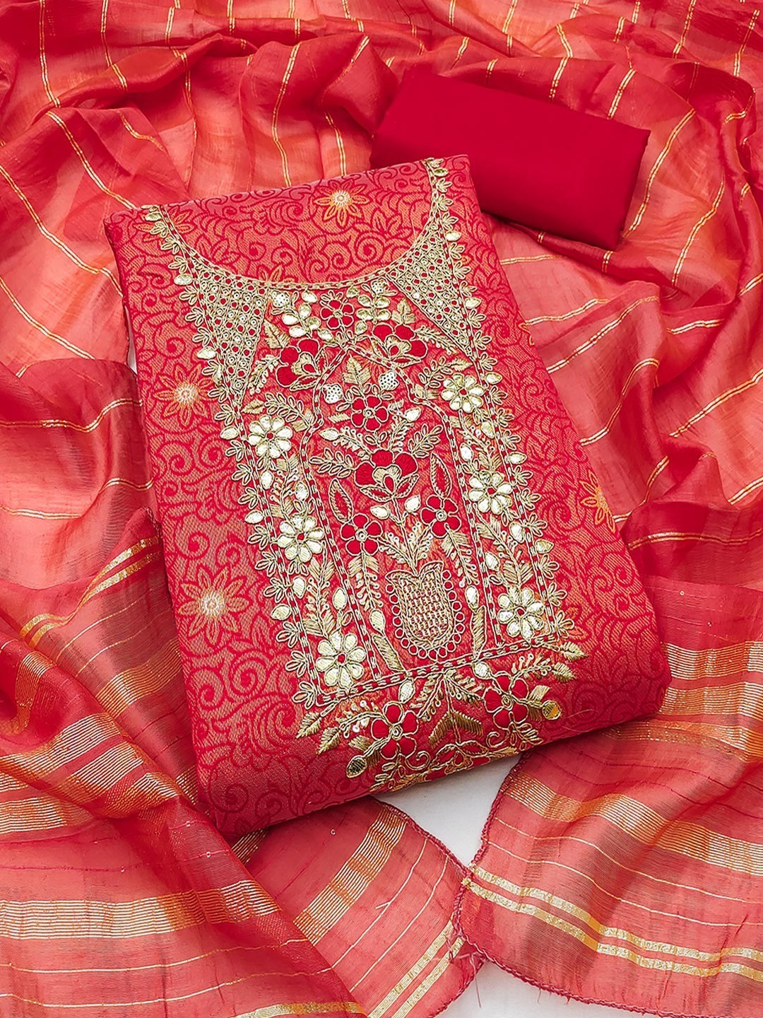 Elite Premium Designer Red Floral Weaving Shimmer Dress Material Featuring Cording Embroidery - Image 1