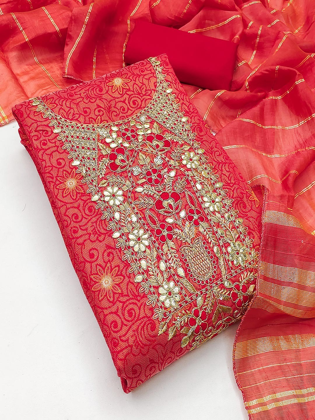 Elite Premium Designer Red Floral Weaving Shimmer Dress Material Featuring Cording Embroidery - Image 4
