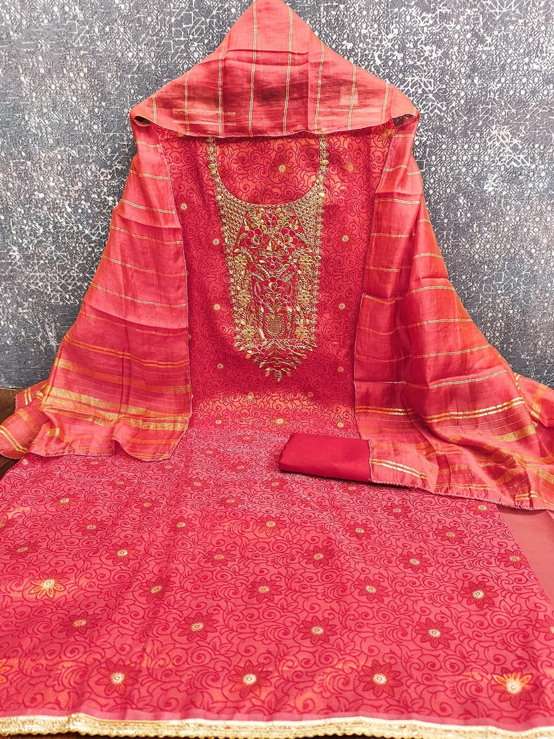 Elite Premium Designer Red Floral Weaving Shimmer Dress Material Featuring Cording Embroidery - Image 3