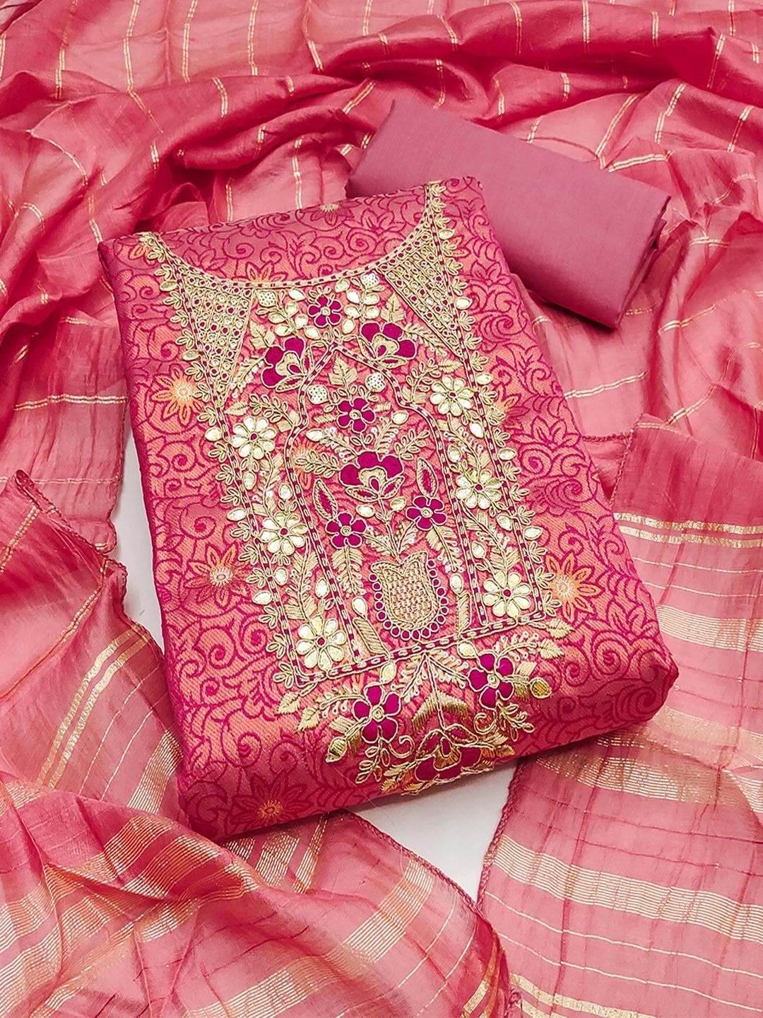 Elite Premium Designer Pink Floral Weaving Shimmer Dress Material Featuring Cording Embroidery - Image 1
