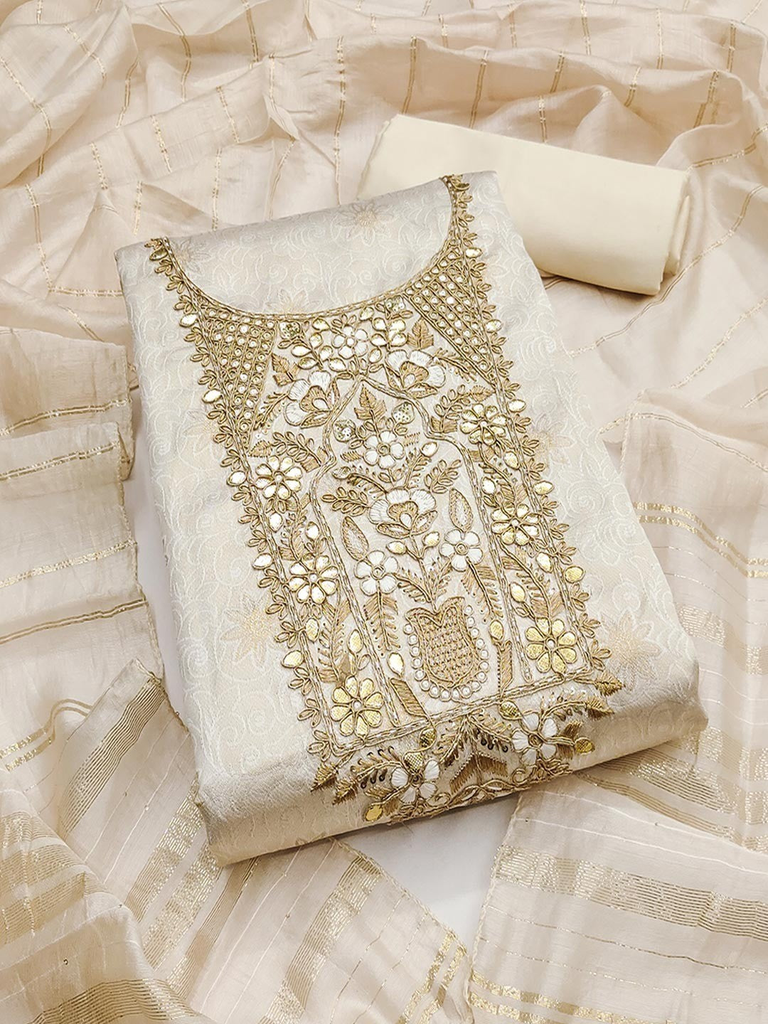 Elite Premium Designer Cream Floral Weaving Shimmer Dress Material Featuring Cording Embroidery - Image 1