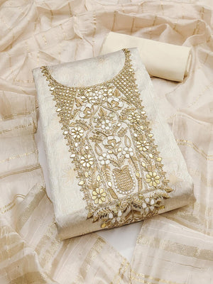 Elite Premium Designer Cream Floral Weaving Shimmer Dress Material Featuring Cording Embroidery - Image 1