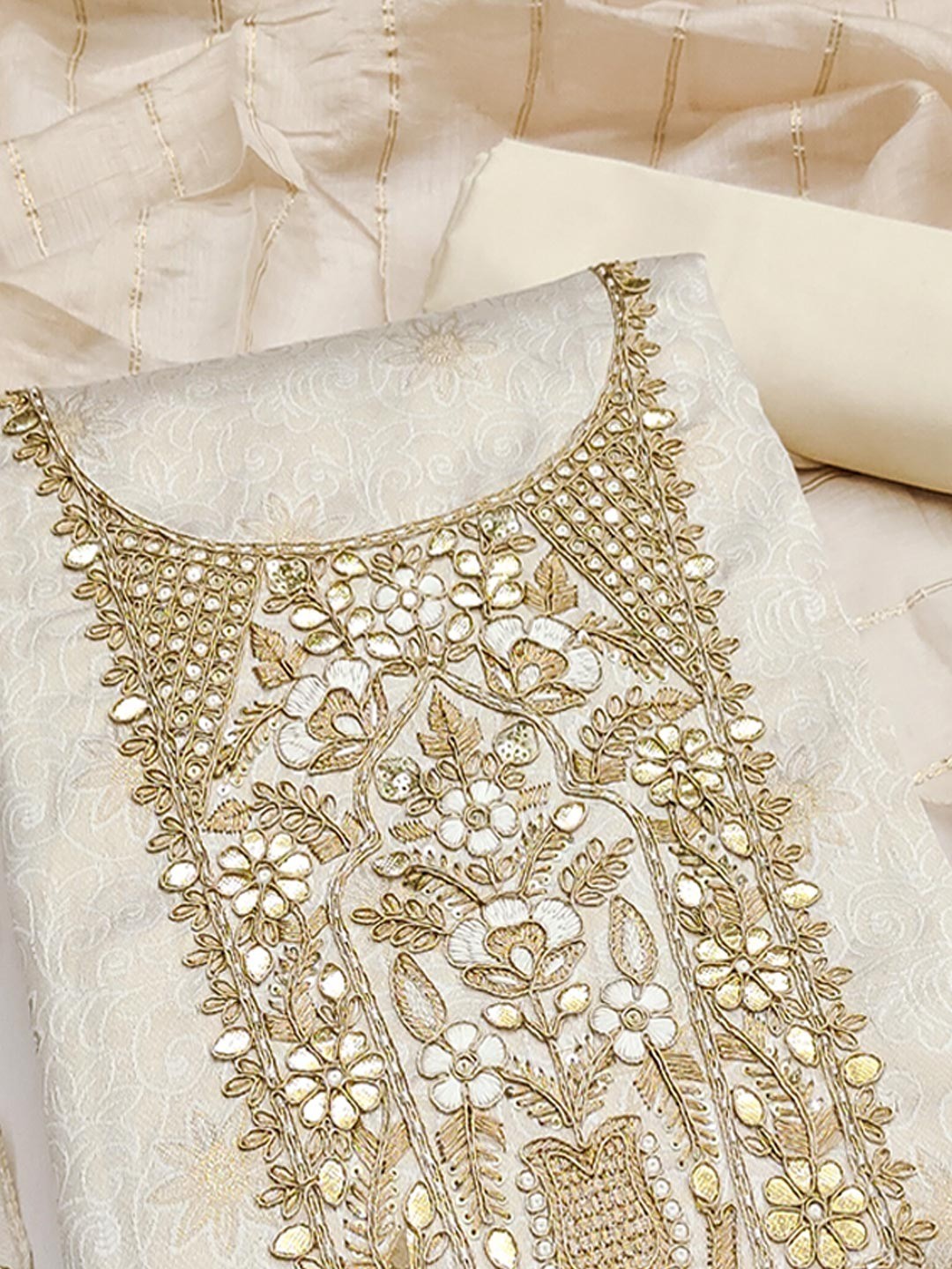Elite Premium Designer Cream Floral Weaving Shimmer Dress Material Featuring Cording Embroidery - Image 5