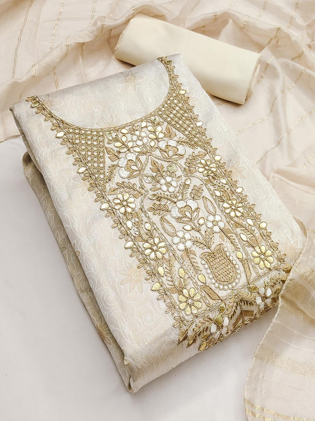 Elite Premium Designer Cream Floral Weaving Shimmer Dress Material Featuring Cording Embroidery - Image 4