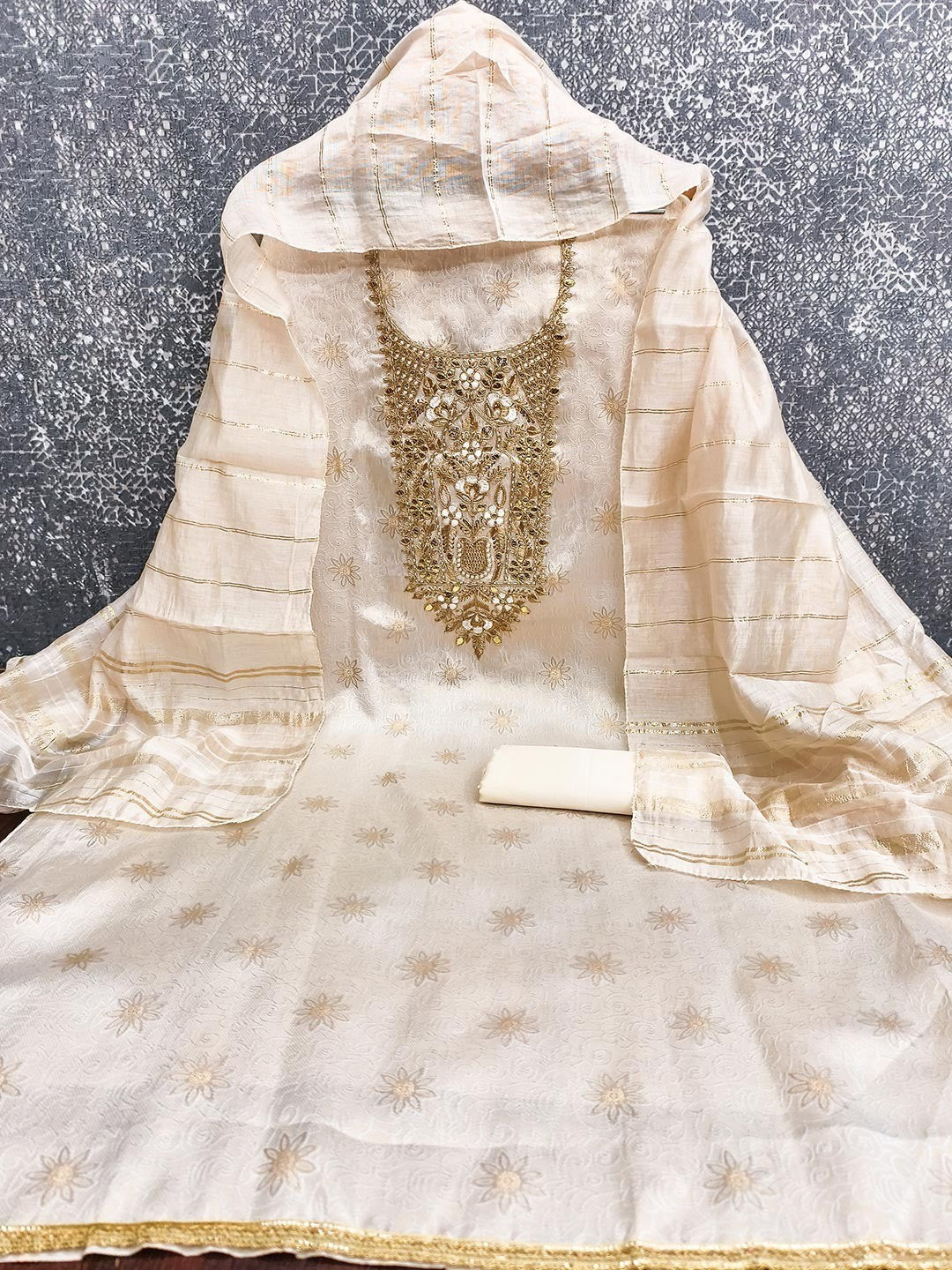 Elite Premium Designer Cream Floral Weaving Shimmer Dress Material Featuring Cording Embroidery - Image 3