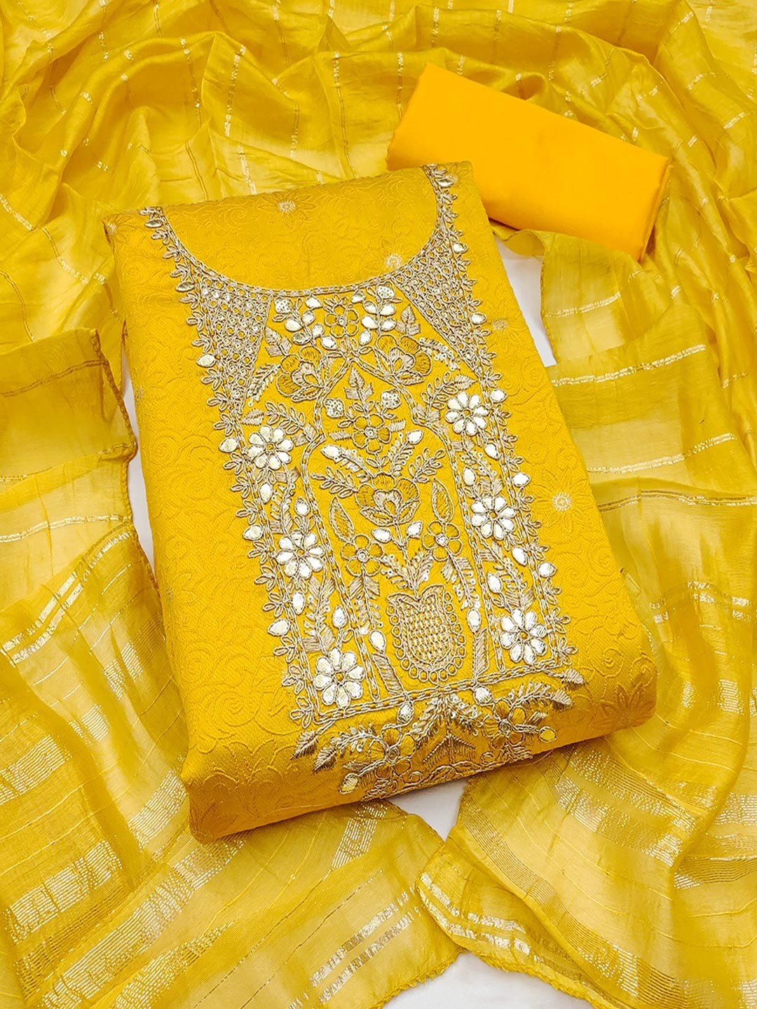 Elite Premium Designer Yellow Floral Weaving Shimmer Dress Material Featuring Cording Embroidery - Image 1