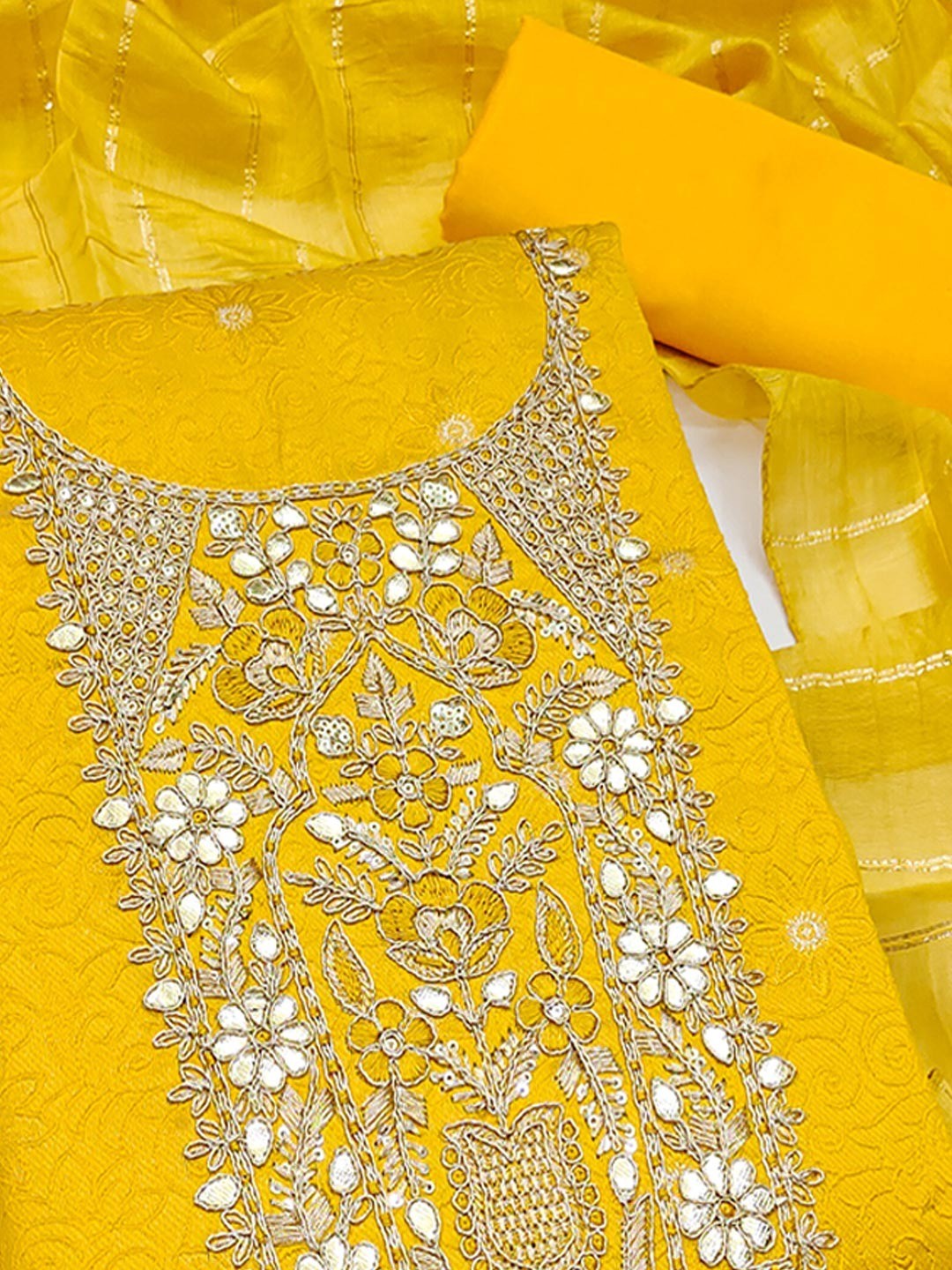 Elite Premium Designer Yellow Floral Weaving Shimmer Dress Material Featuring Cording Embroidery - Image 5
