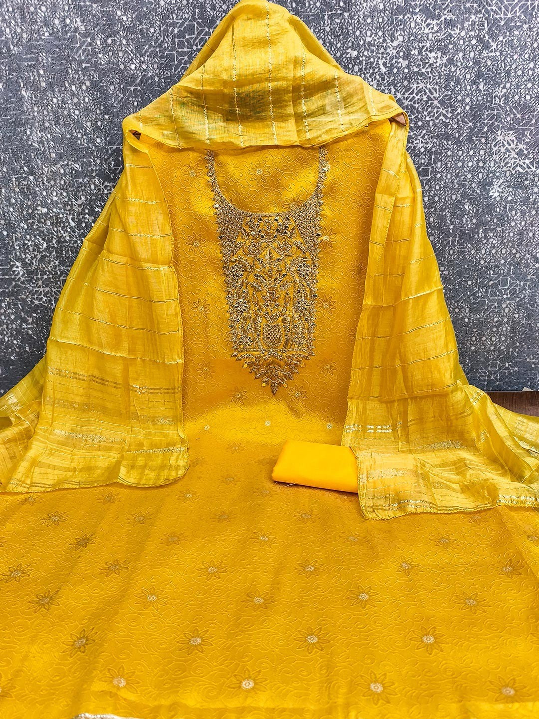 Elite Premium Designer Yellow Floral Weaving Shimmer Dress Material Featuring Cording Embroidery - Image 3