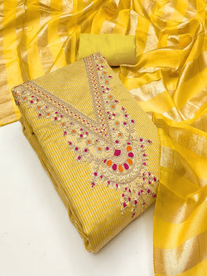 Luxurious Yellow Striped Weaving Shimmer Silk Dress Material With Cording Embroidery & Sequins Work - Image 1