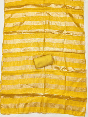 Luxurious Yellow Striped Weaving Shimmer Silk Dress Material With Cording Embroidery & Sequins Work - Image 2