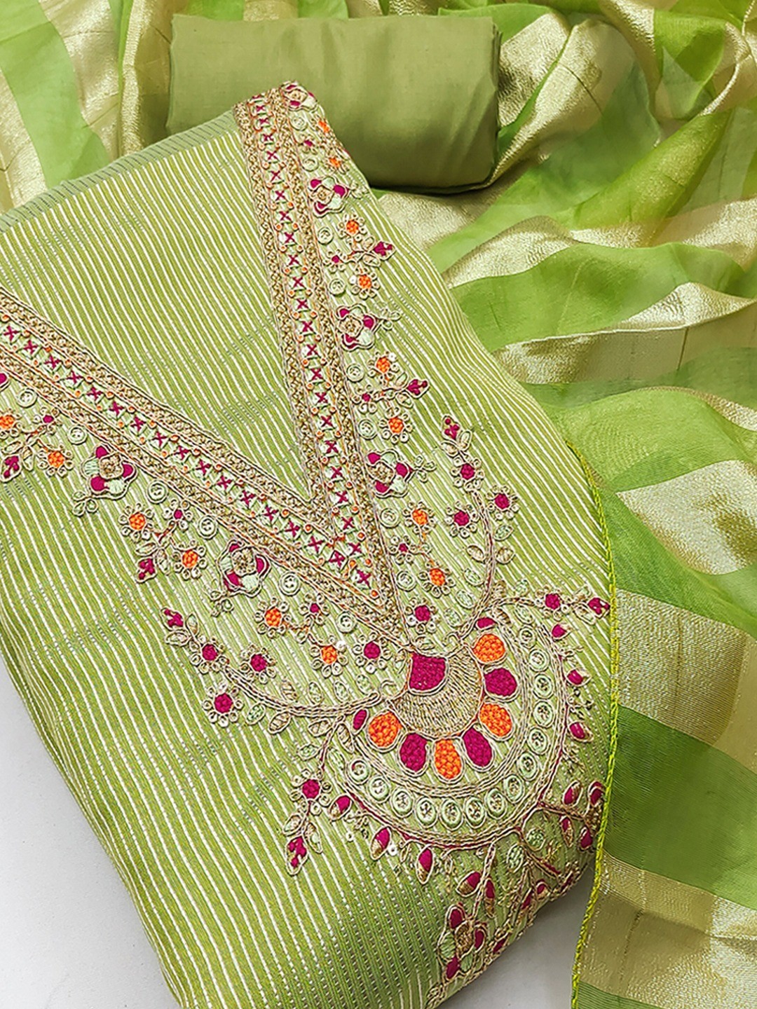 Luxurious Green Striped Weaving Shimmer Silk Dress Material With Cording Embroidery & Sequins Work - Image 5