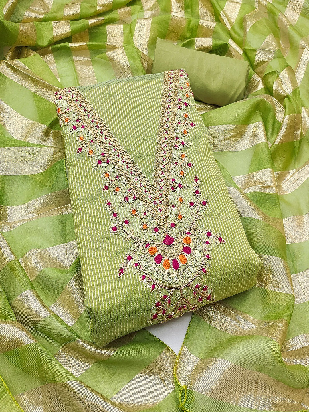 Luxurious Green Striped Weaving Shimmer Silk Dress Material With Cording Embroidery & Sequins Work - Image 4