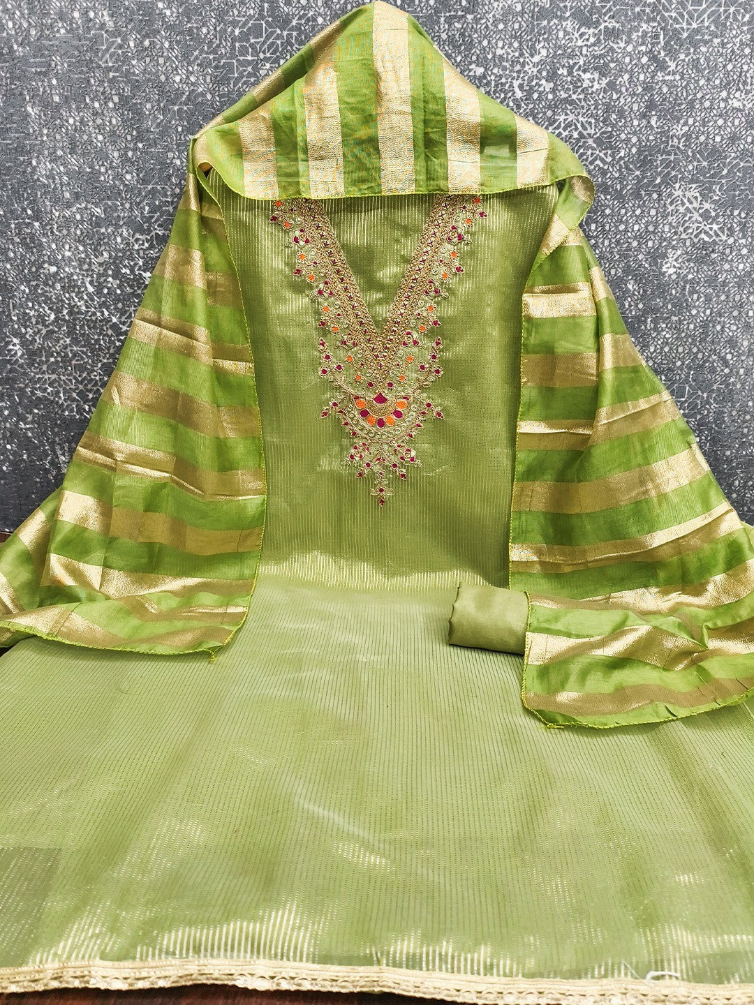 Luxurious Green Striped Weaving Shimmer Silk Dress Material With Cording Embroidery & Sequins Work - Image 3