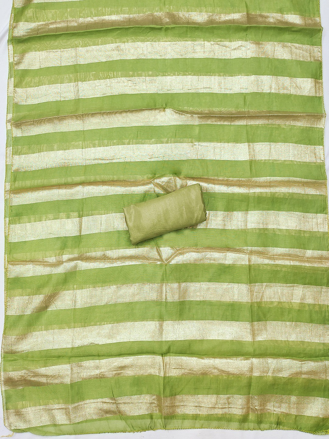 Luxurious Green Striped Weaving Shimmer Silk Dress Material With Cording Embroidery & Sequins Work - Image 2