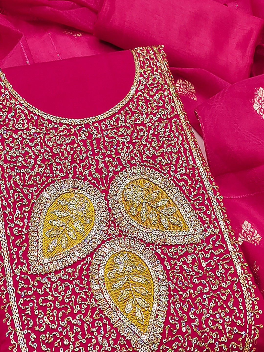 Designer Rani Pink Art Silk Dress Material Enhanced With Beads & Sequins Embroidered Work - Image 5
