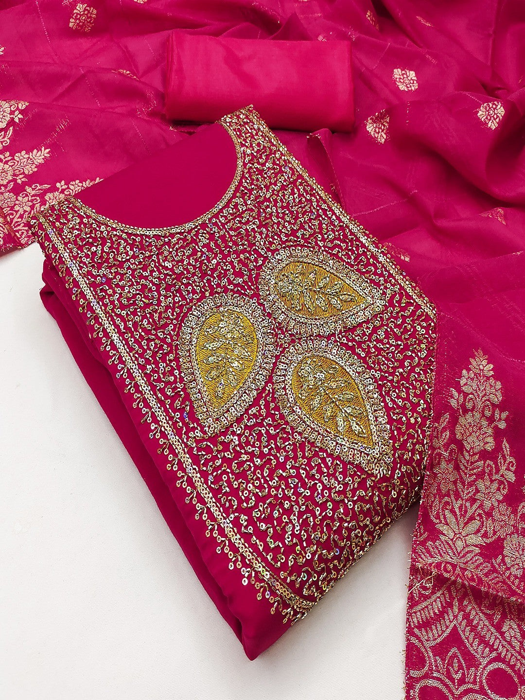 Designer Rani Pink Art Silk Dress Material Enhanced With Beads & Sequins Embroidered Work - Image 4