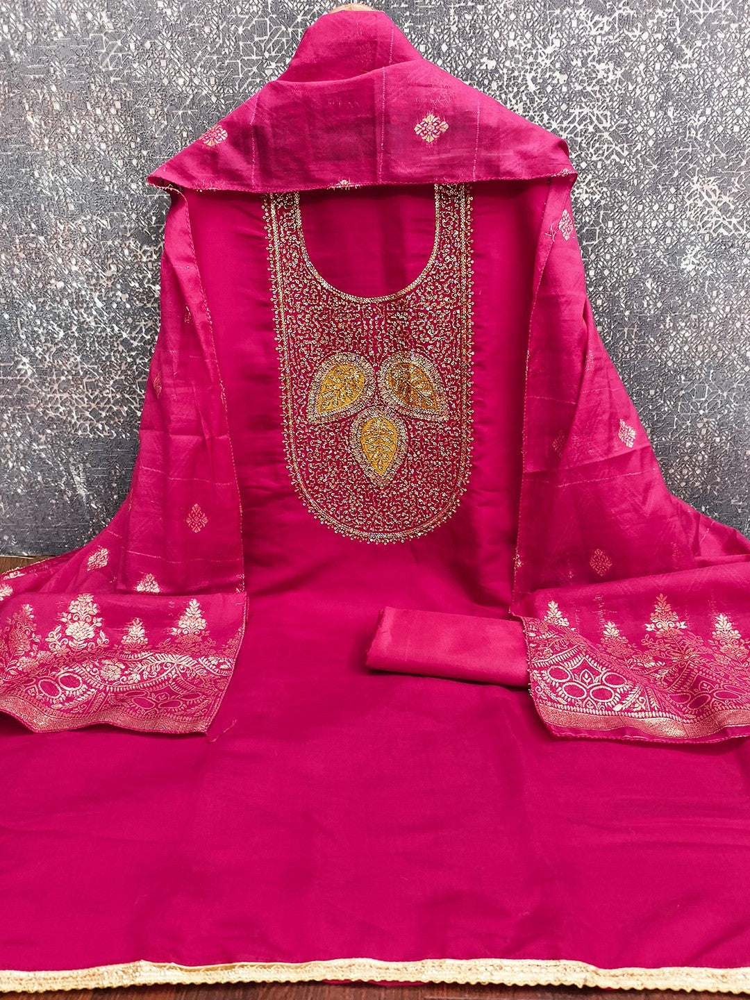 Designer Rani Pink Art Silk Dress Material Enhanced With Beads & Sequins Embroidered Work - Image 3