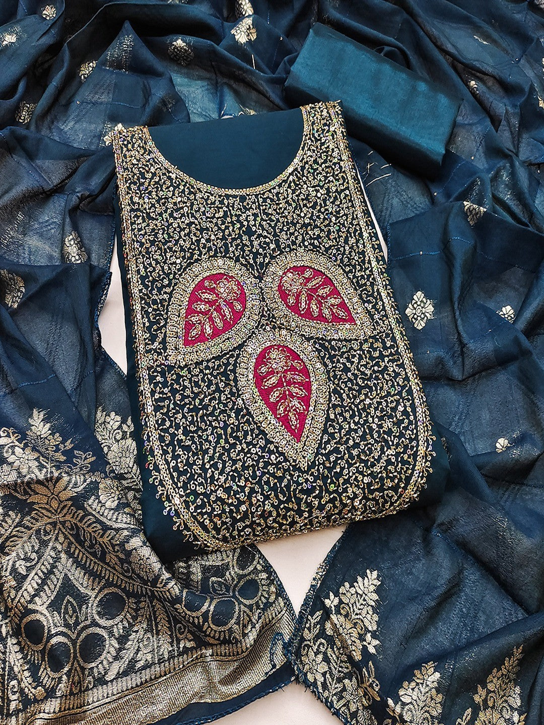 Designer Morpich Blue Art Silk Dress Material Enhanced With Beads & Sequins Embroidered Work - Image 1