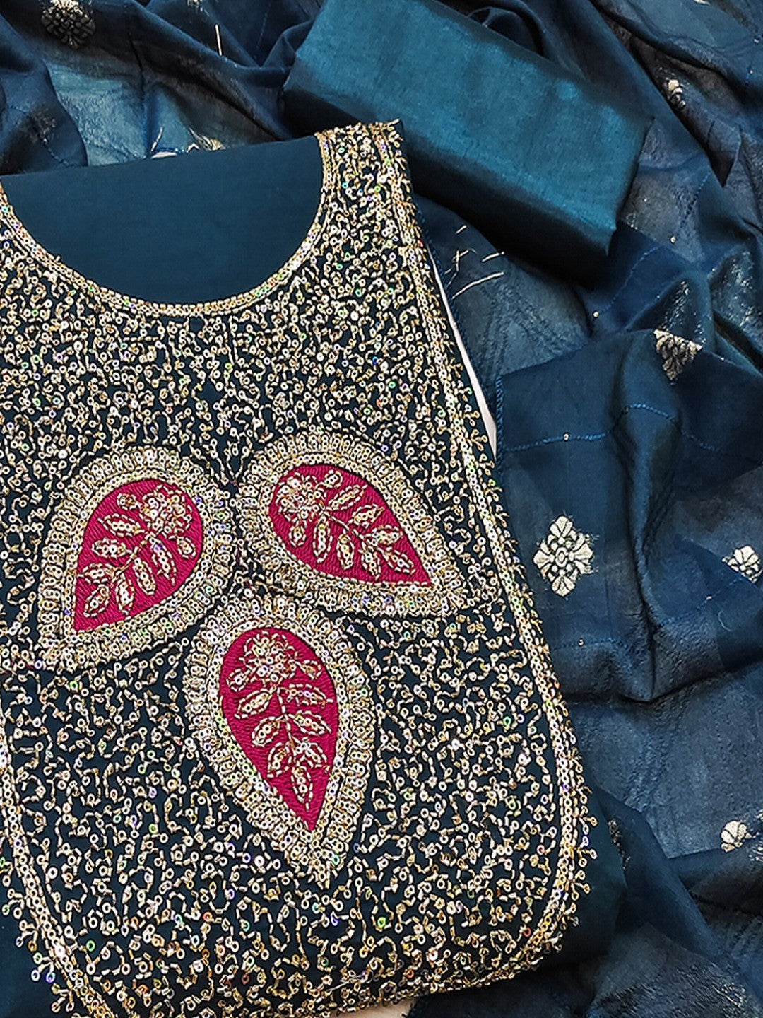 Designer Morpich Blue Art Silk Dress Material Enhanced With Beads & Sequins Embroidered Work - Image 5