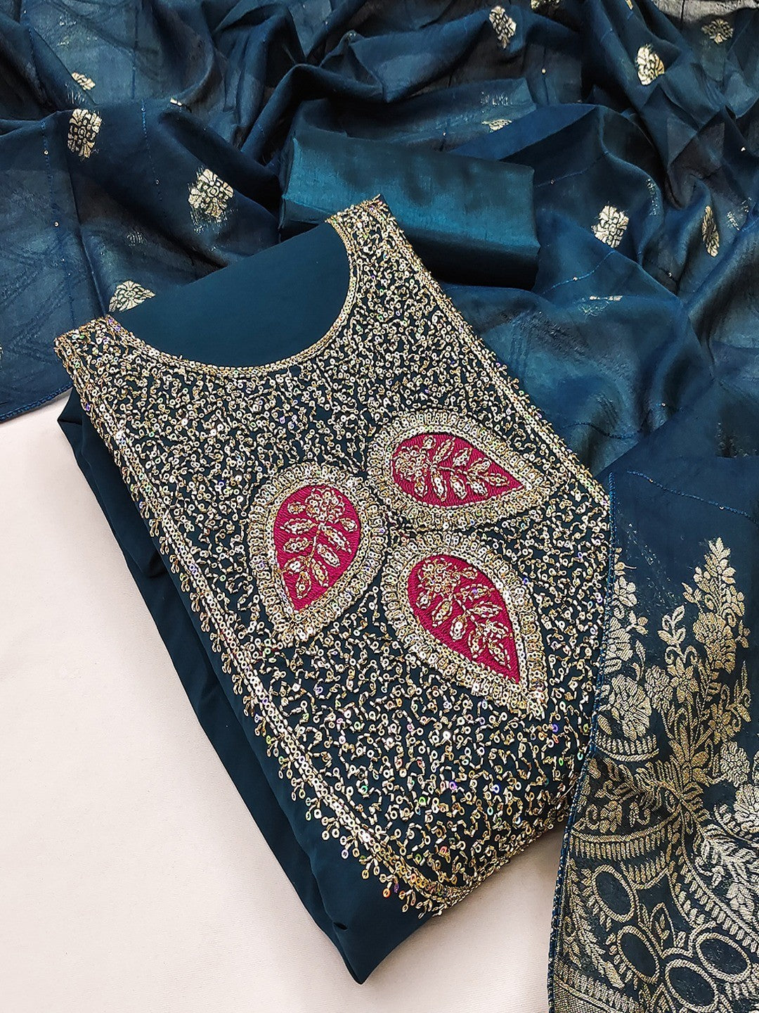 Designer Morpich Blue Art Silk Dress Material Enhanced With Beads & Sequins Embroidered Work - Image 4