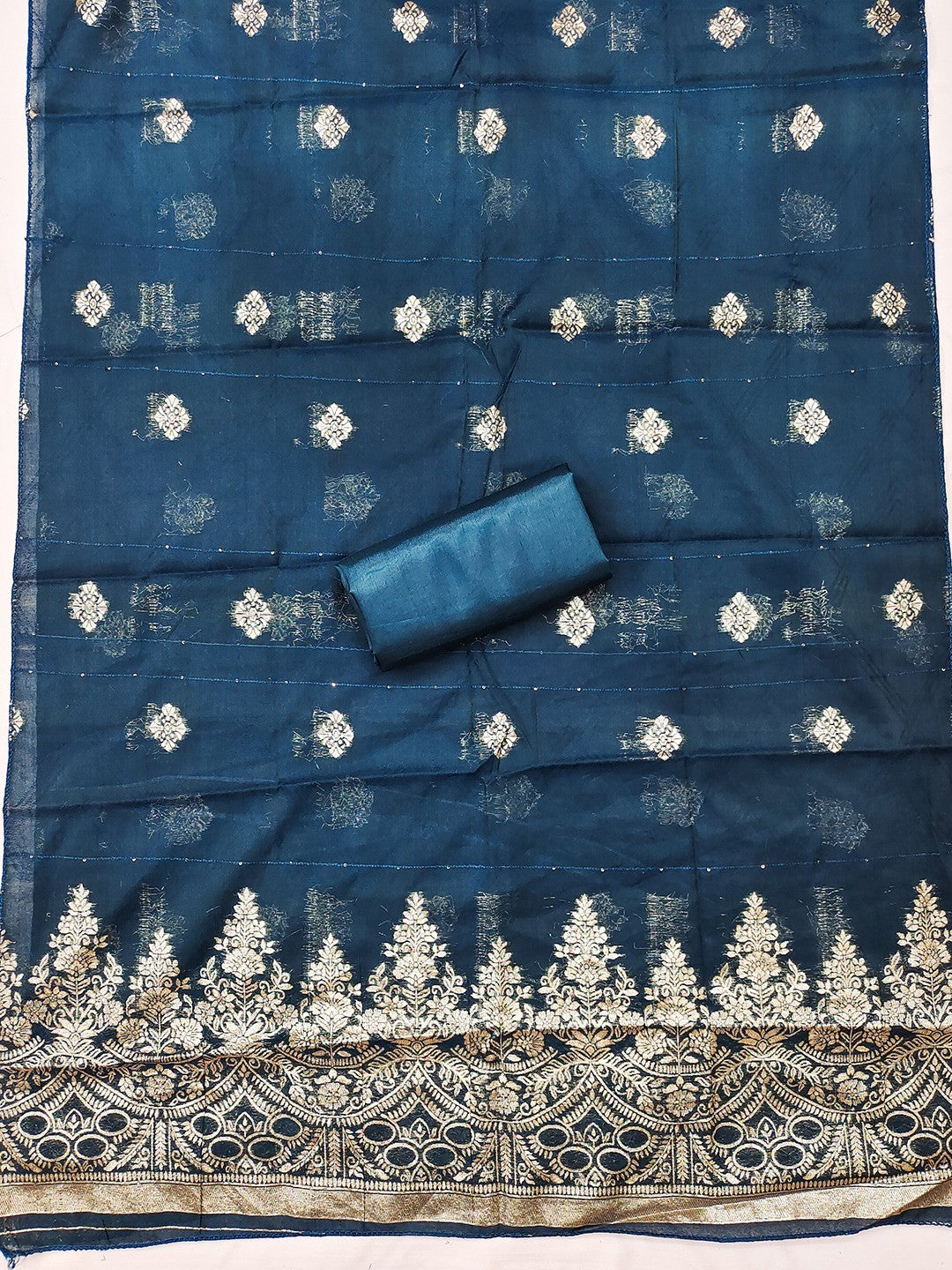 Designer Morpich Blue Art Silk Dress Material Enhanced With Beads & Sequins Embroidered Work - Image 2