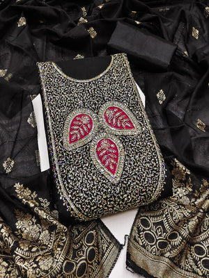 Designer Black Art Silk Dress Material Enhanced With Beads & Sequins Embroidered Work - Image 1