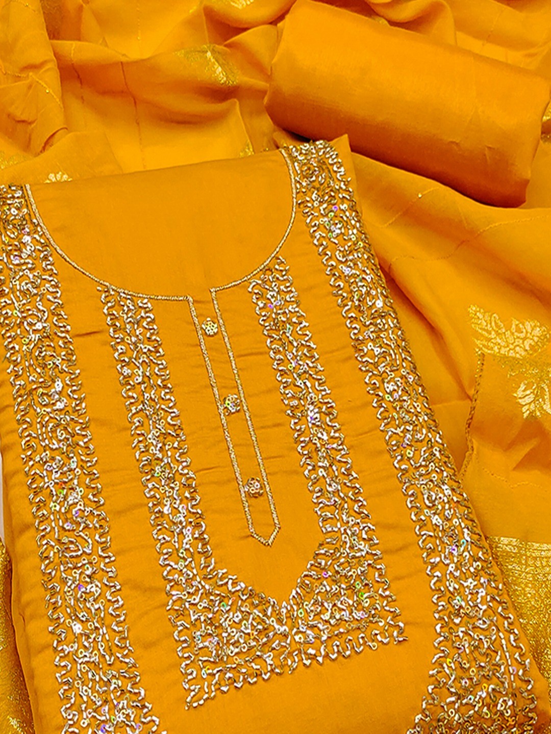 Stylish Mustard Art Silk Dress Material With Detailed Cording Beads & Sequins Embellished Work - Image 5