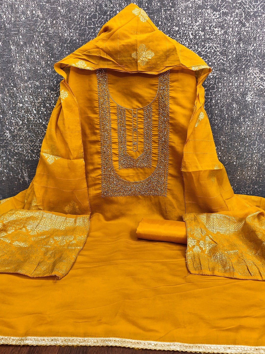Stylish Mustard Art Silk Dress Material With Detailed Cording Beads & Sequins Embellished Work - Image 3