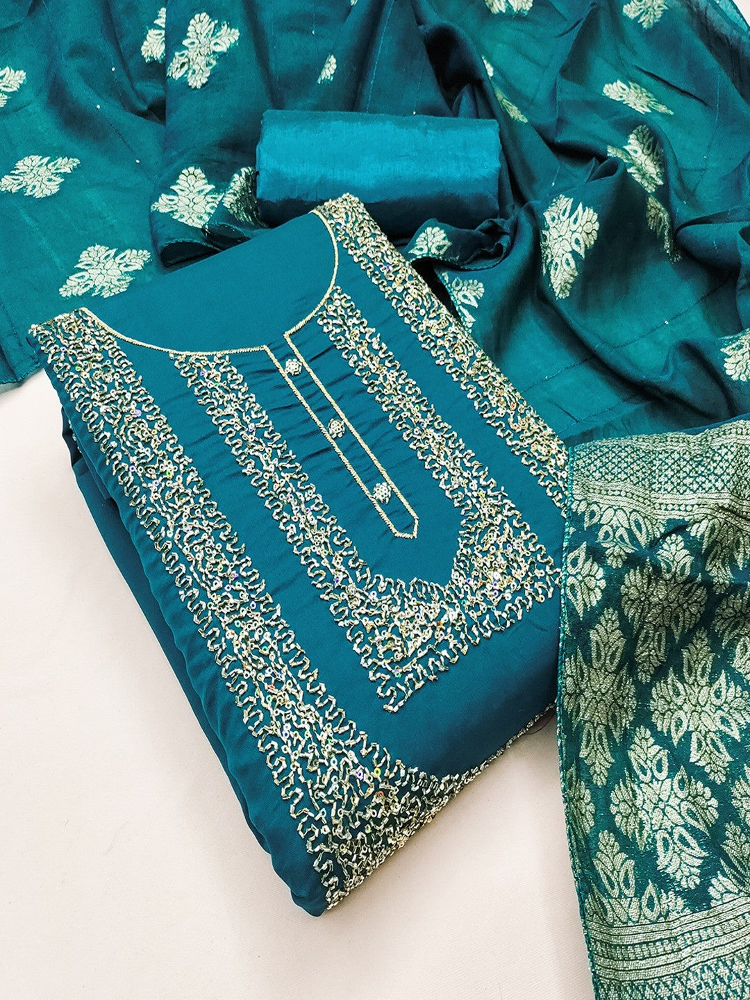 Stylish Morpich Blue Art Silk Dress Material With Detailed Cording Beads & Sequins Embellished Work - Image 4