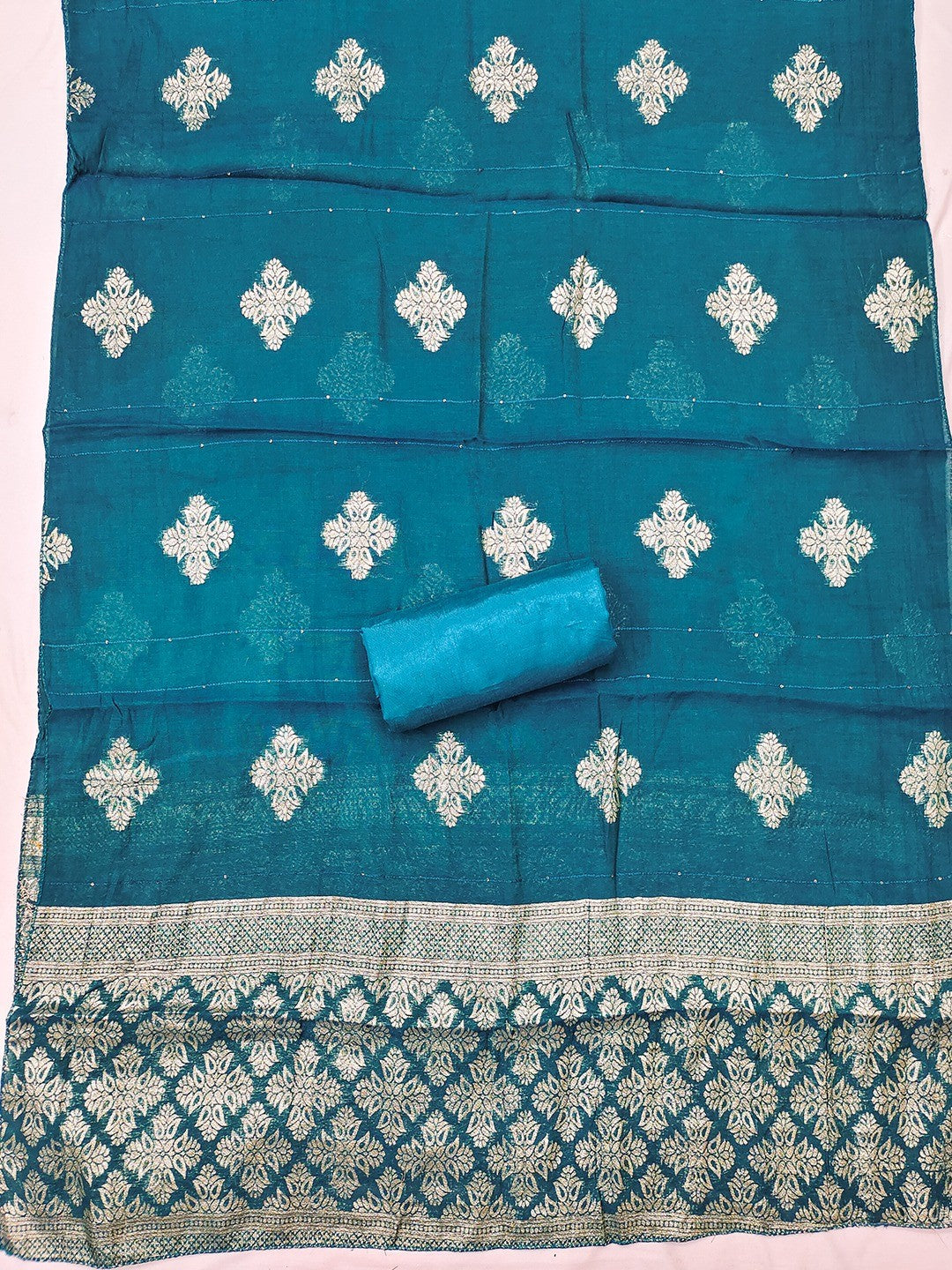 Stylish Morpich Blue Art Silk Dress Material With Detailed Cording Beads & Sequins Embellished Work - Image 2