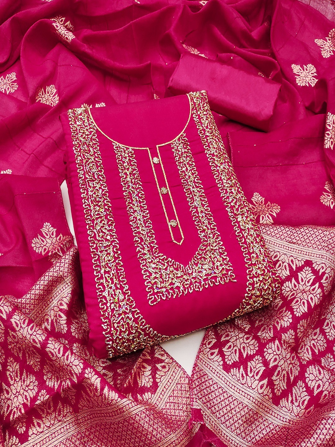 Stylish Pink Art Silk Dress Material With Detailed Cording Beads & Sequins Embellished Work - Image 1