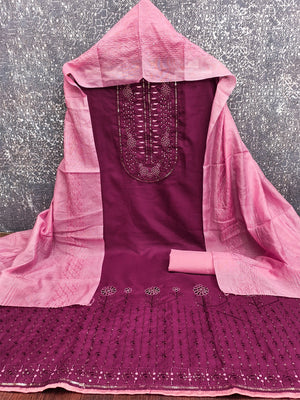 Refreshing Wine Floral Thread Embroidered Cotton Dress Material With Elegant Sequins Work - Image 2