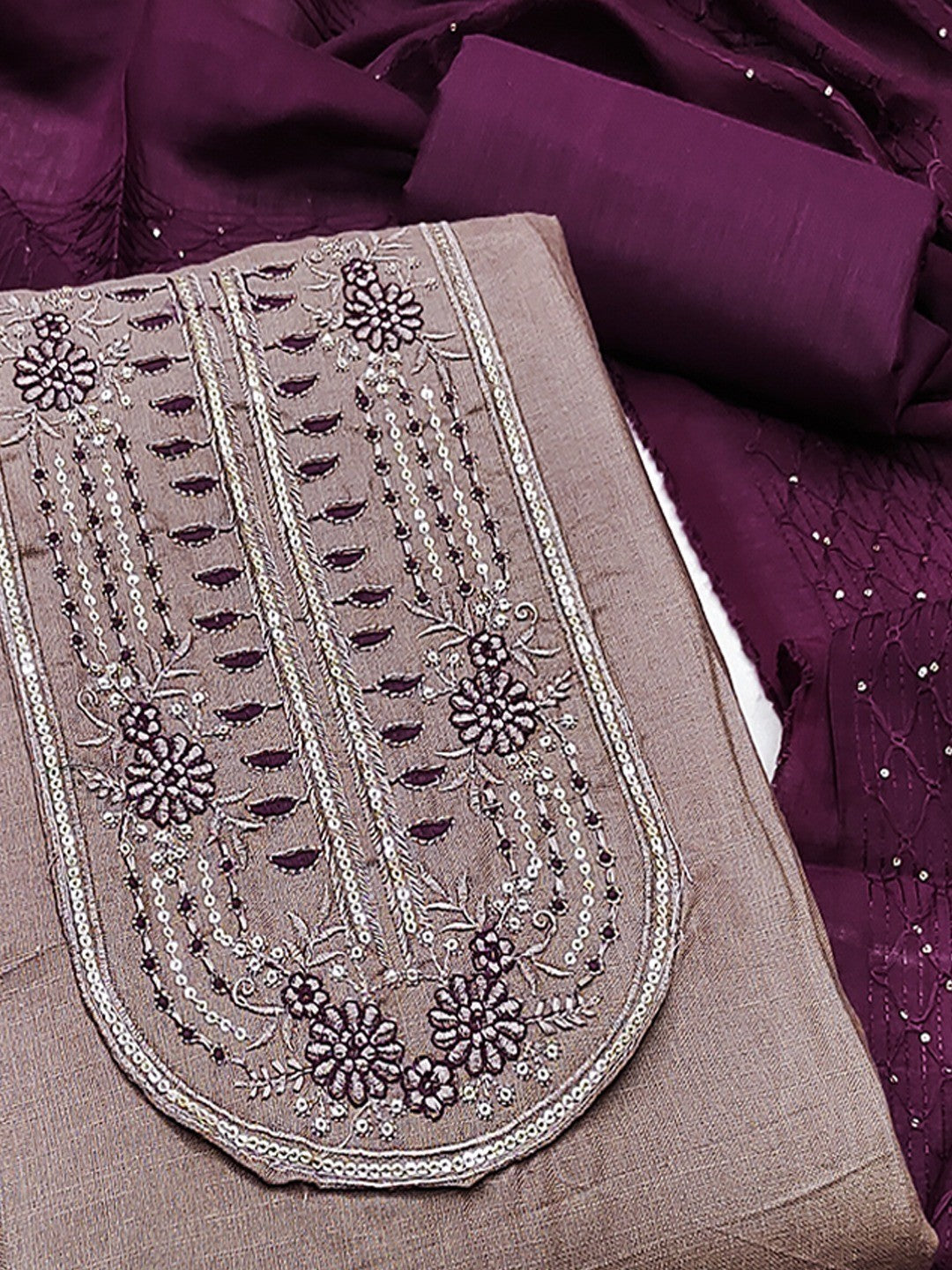 Refreshing Mauve Floral Thread Embroidered Cotton Dress Material With Elegant Sequins Work - Image 5